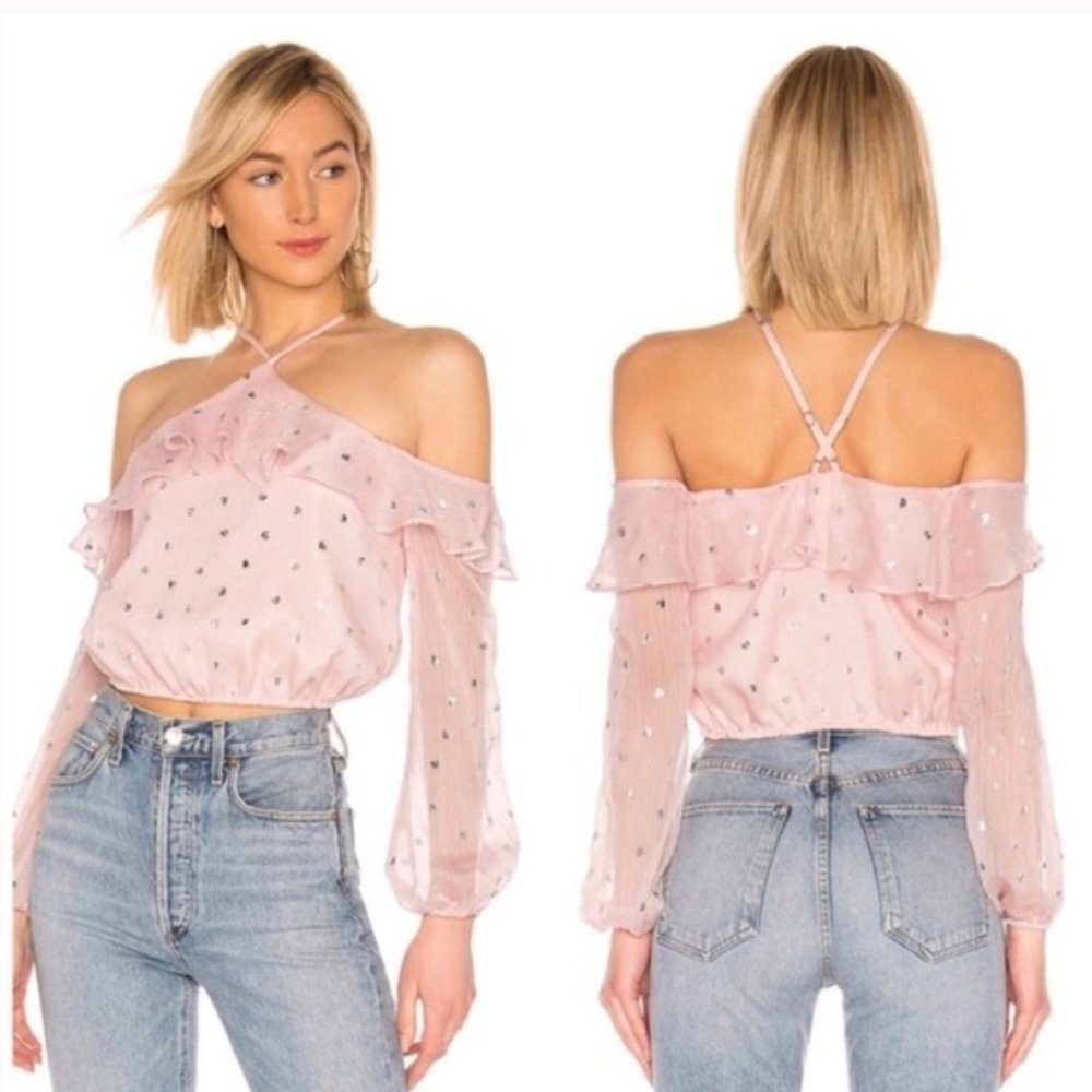 Lovers + Friends Pink Halter Neck Silver Heart Print Cropped Blouse NWT Size XXS